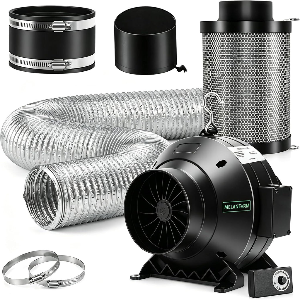 4" Air Filtration Kit: 4 Inch Inline Duct Fan with Speed Controller, 11.8" High Carbon Filter, 8 Ft Ducting & Rubber