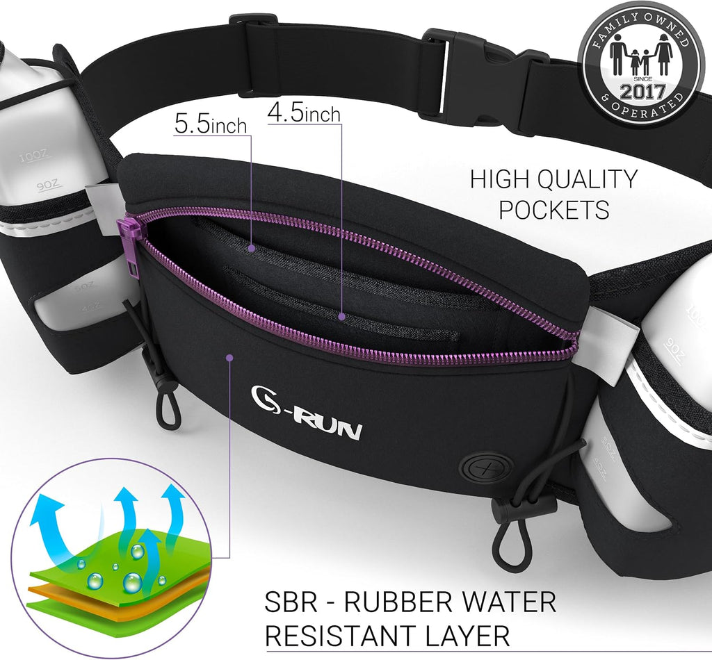 Hydration Running Belt with Bottles - Water Belts for Woman and Men - iPhone Belt for Any Phone Size - Fuel Marathon