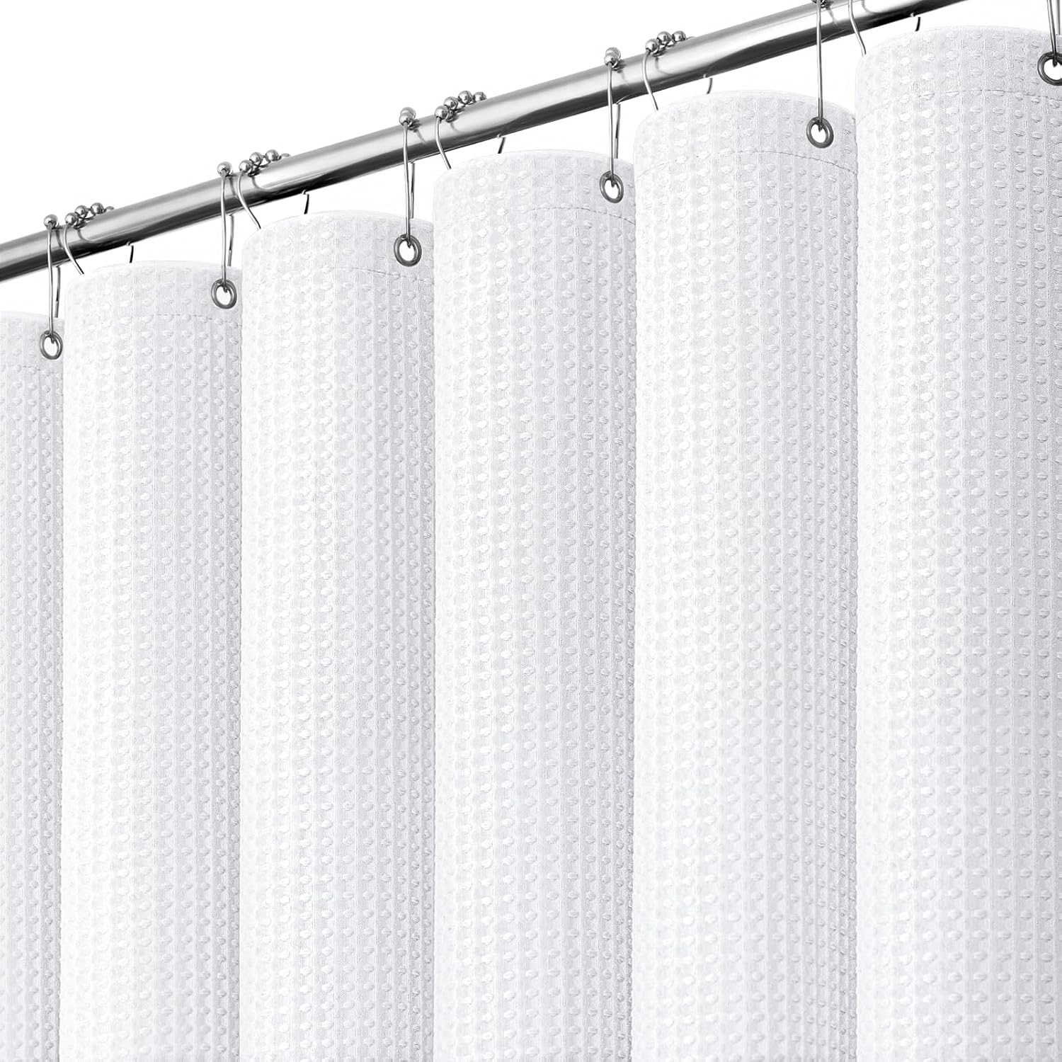 Waffle Shower Curtain 256 GSM Heavy Duty Fabric 72"x72" White | Thick Polyester Cloth, Weighted Hem, Water Repellent