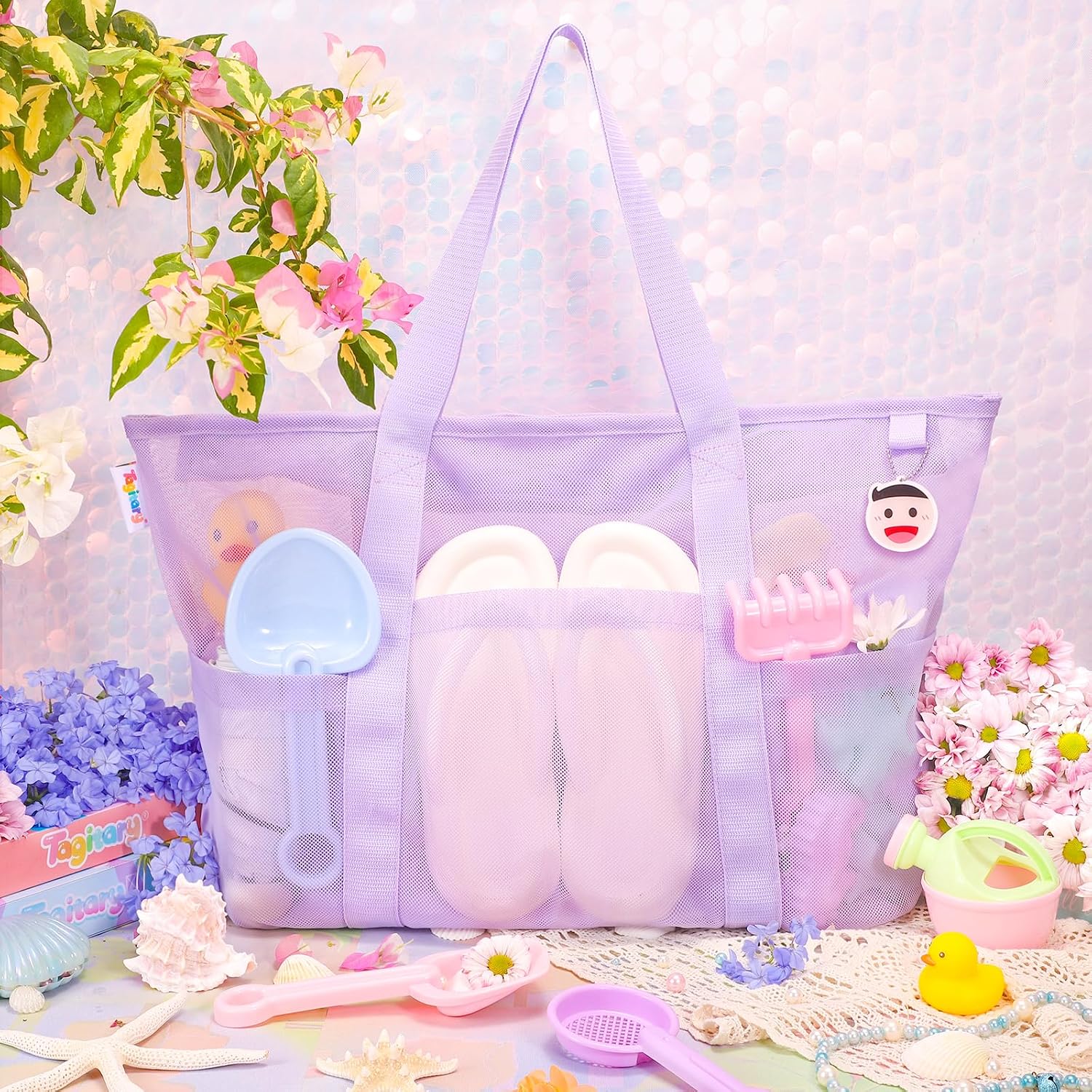 Beach Toys for Kids and Mesh Beach Bag with Zipper, Large Beach Tote with 8 Pockets, Sand Toys Storage Pool Bag Beach