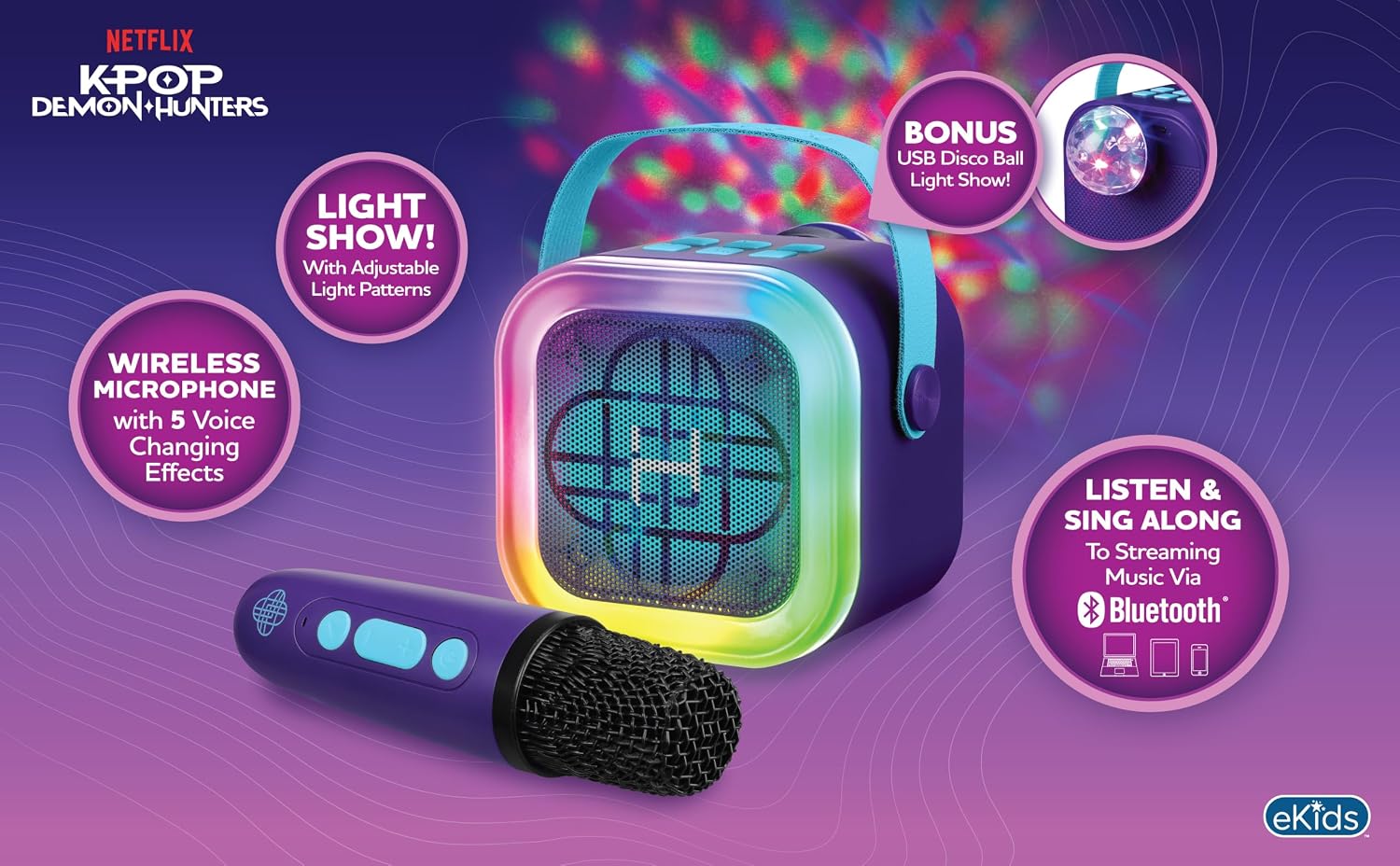 Kpop Demon Hunters Bluetooth Karaoke Machine for Kids, Wireless Microphone | Light Show and USB Disco Ball