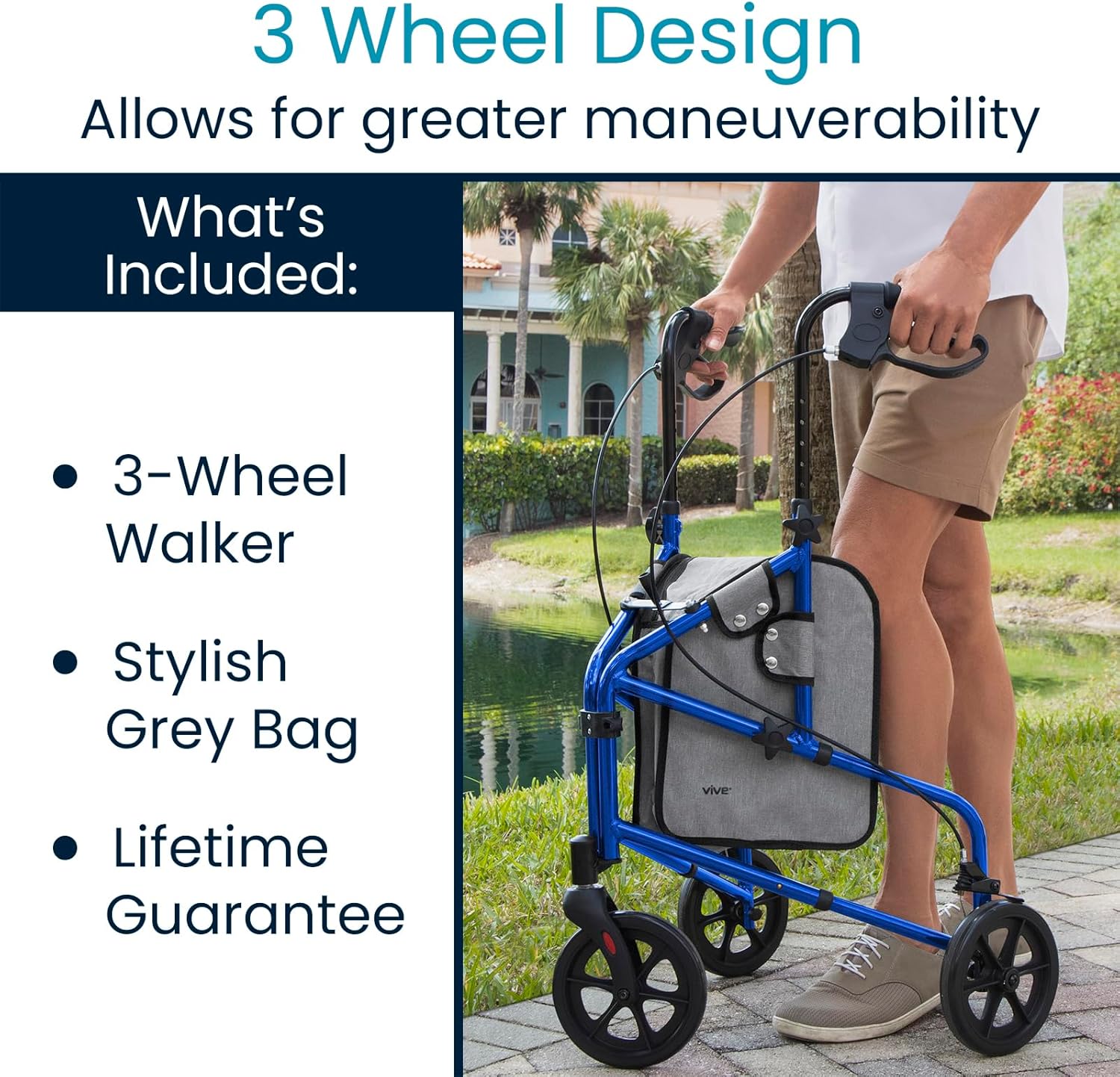 3 Wheel Walker - Three Wheeled Rollator for Seniors - Lightweight, Foldable, Narrow, Heavy Duty - for Elderly Men