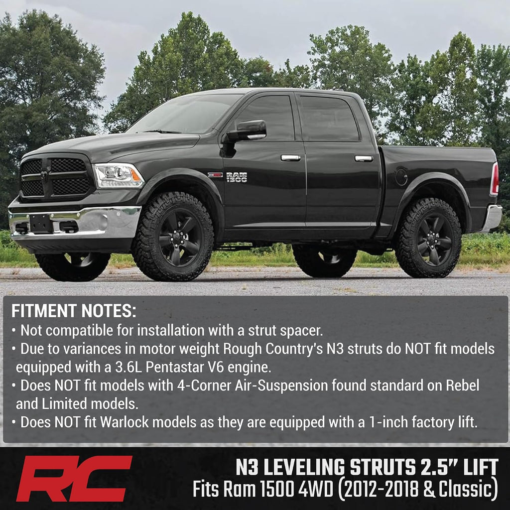 Rough Country N3 Leveling Struts for Ram 1500 4WD (2012–2018 & Ram 1500 Classic) - Fits 2.5" Front Lift, Preloaded Coil, Bolt-On Leveling