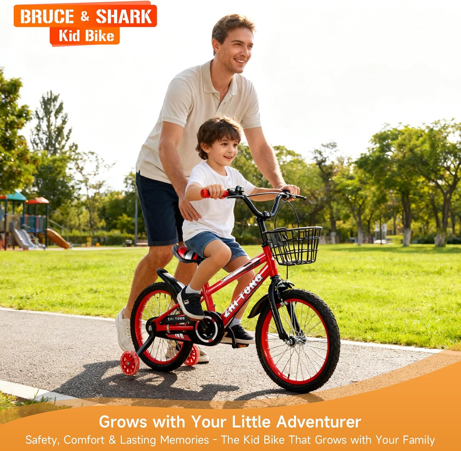 14 16 18 Inch Kids Bike with Training Wheels, Adjustable Seat, Carbon Steel Frame, Dual Brakes, Anti-Slip Wheels