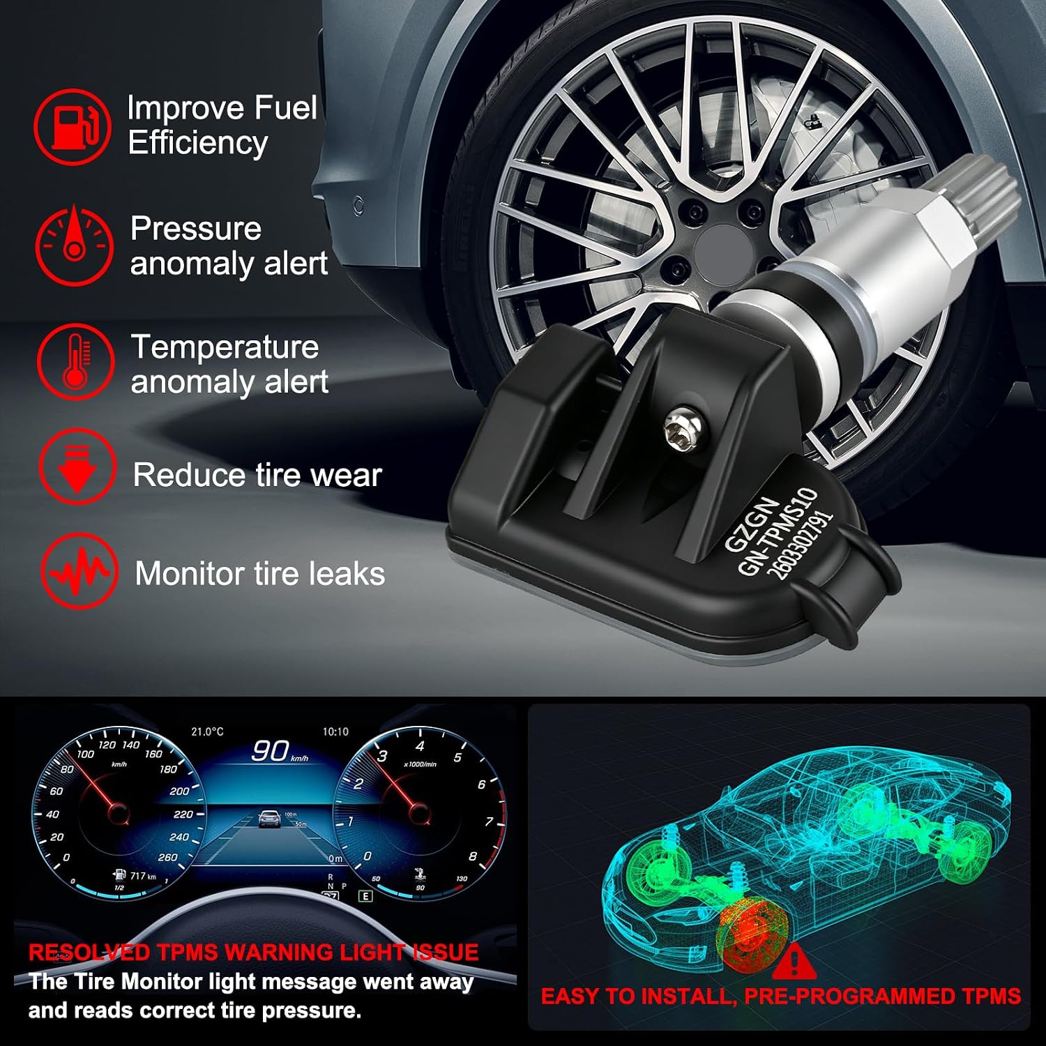 4-Pack TPMS Tire Pressure Monitoring Sensors,315MHz Pre-Programmed,Compatible with Toyota Avalon Camry Corolla