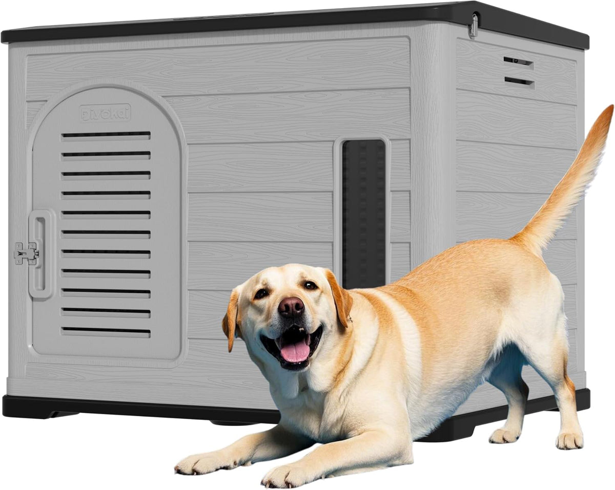XLarge Durable Plastic Dog House for Big Dogs - Indoor Outdoor Double-Layer Insulated Doghouse with Open-Top Cover