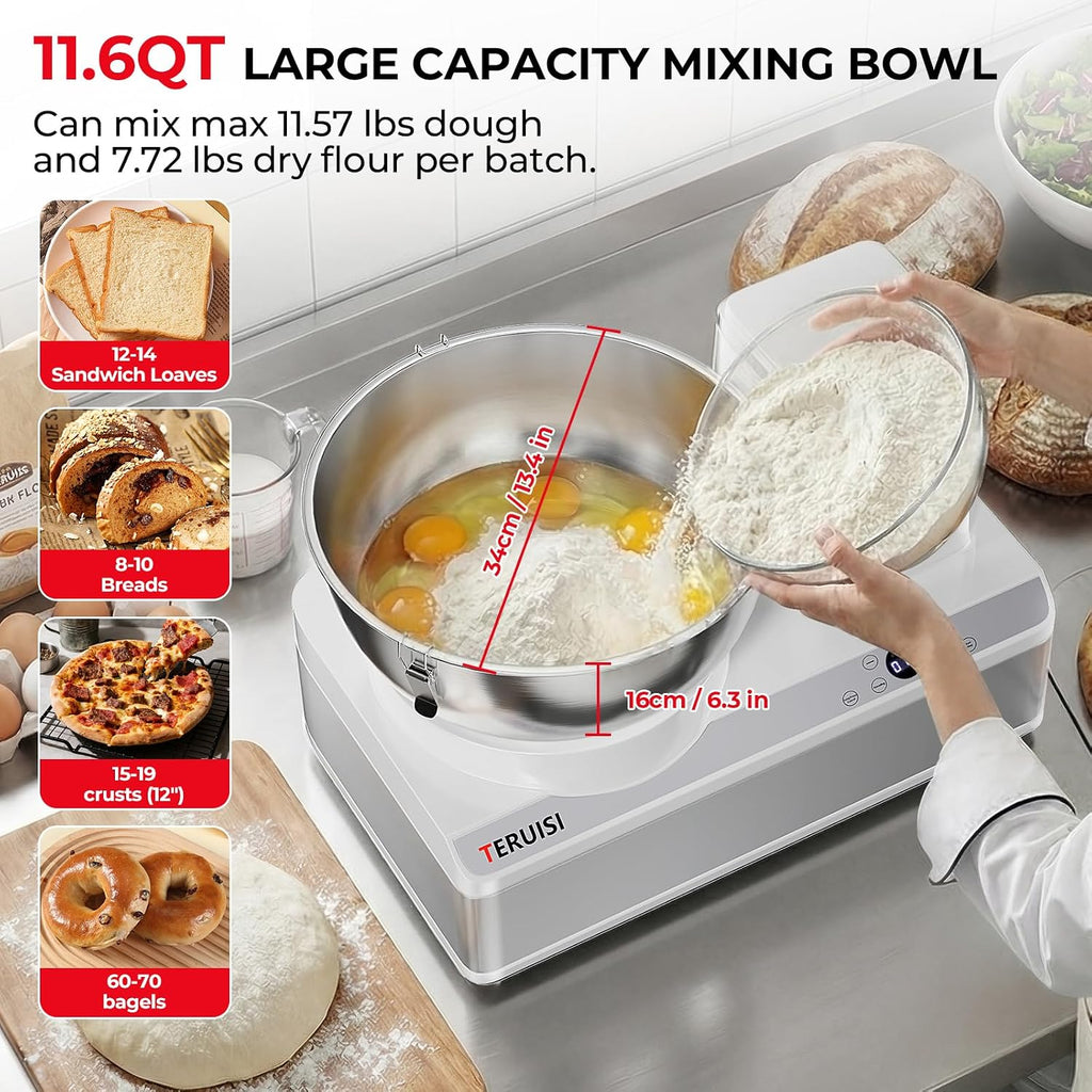 Commercial Dough Mixer, 11.6QT Electric Dough Maker with LED Display Timer Ferment Function, Countertop Bread Mixer