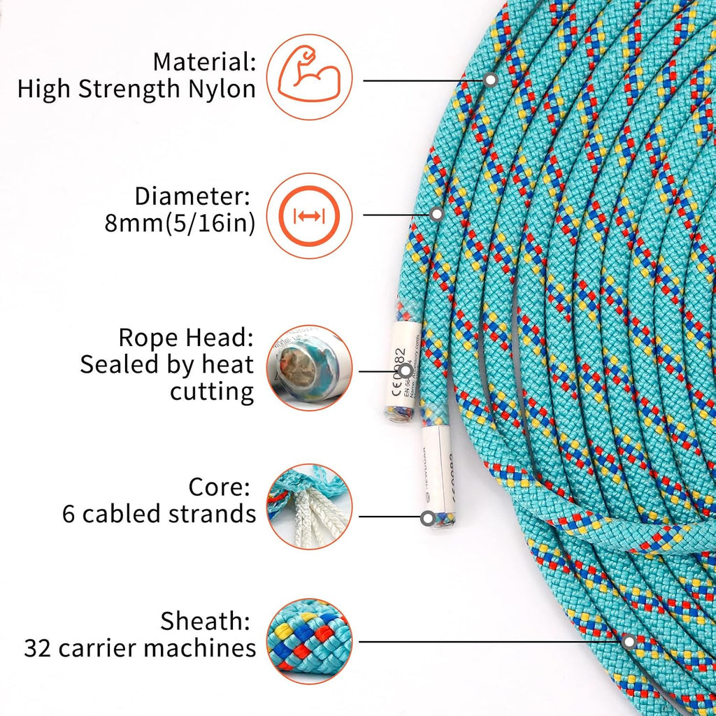 CE & UIAA Certificated 5/16(8mm) Static Climbing Rope 14KN High Strength Accessory Cords 33FT/66FT/98FT/165FT Safety
