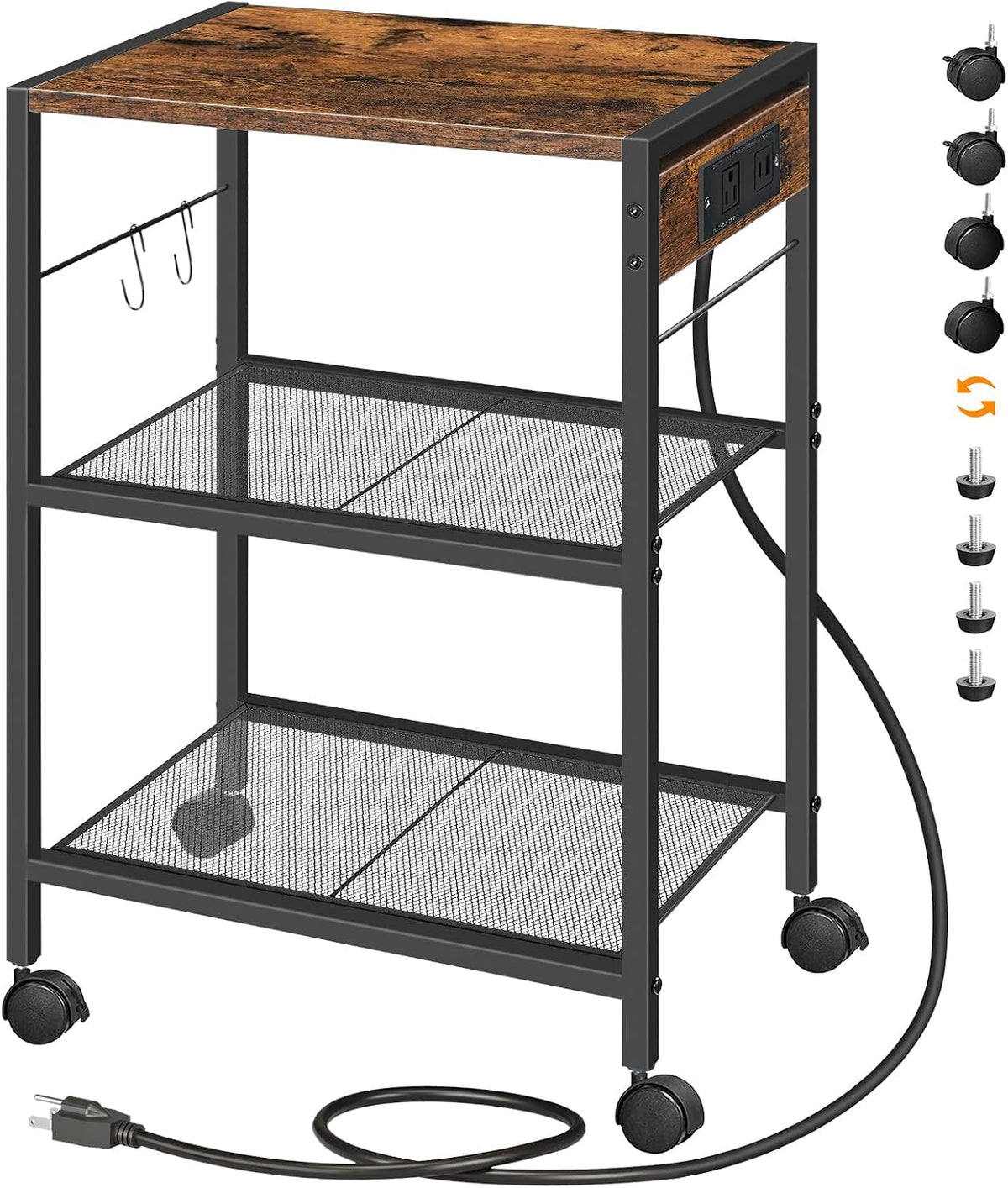 Industrial Printer Stand, 3-Tier Mobile Printer Table, Rolling Cart with Power Outlets and USB Ports, Home Printer