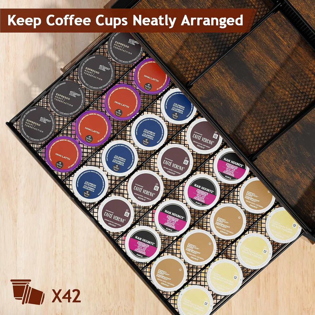 Coffee Bar Organizer, Metal & Wood Coffee Station Holds 42 K Cup