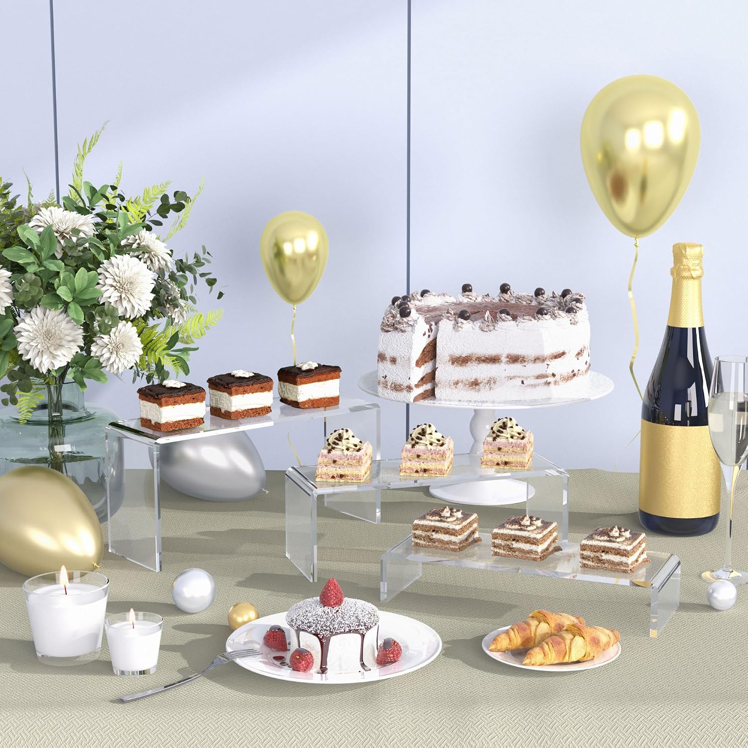 6 Pcs 8'' Clear Cupcake Display Risers, 3 Tiers Rectangular Risers Display Stands 4mm Thick Collectibles Jewelry