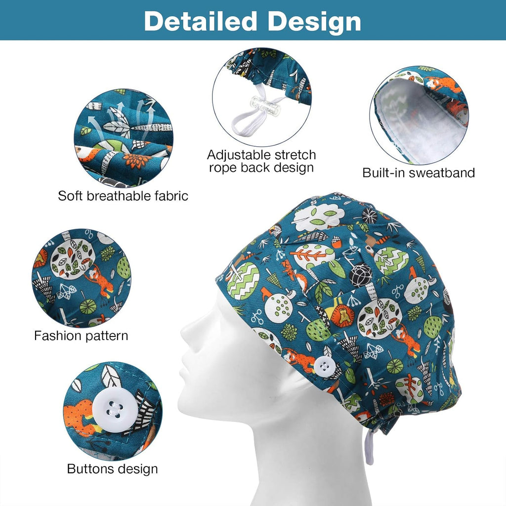 6 Pieces Button Bouffant Surgical Caps Nursing Hats Adjustable Printed Sweatband Working Caps for Women Men Nursing