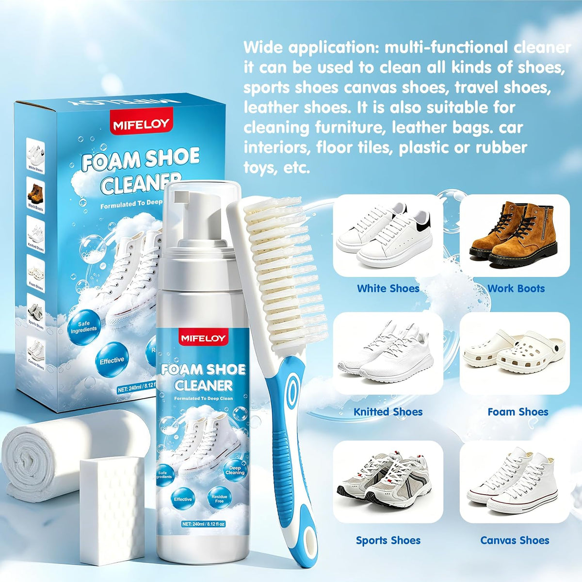 Shoe Cleaner 8.12 oz (240ml) – Sneaker Cleaner Foam for White Shoes, Tennis Shoes & More, Remove Dirt & Stains