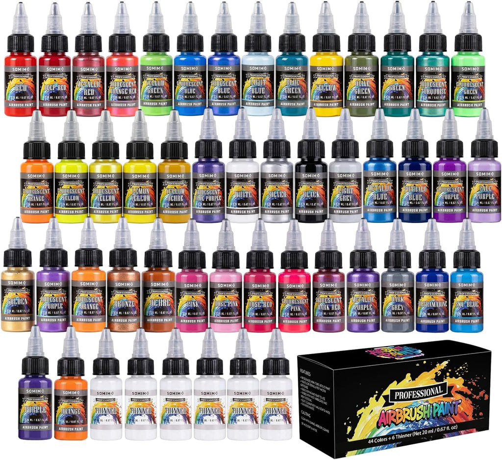 44 Colors Water-Based Acrylic Airbrush Paint Set with 6 Thinners | Air Brush Paints for Wood, Metal, Canvas, and Models