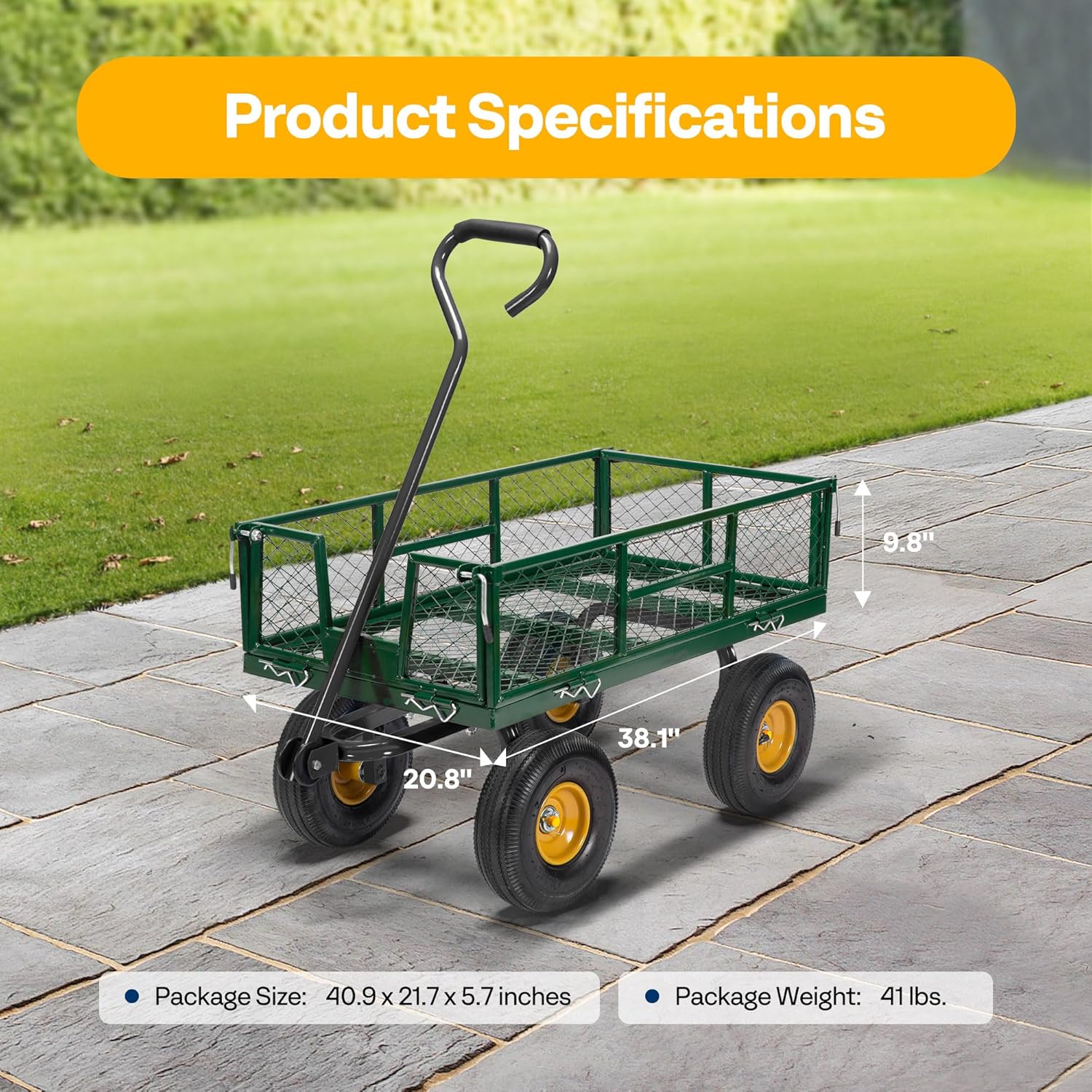 Heavy Duty 880 Lbs Capacity Mesh Steel Garden Cart Folding Utility Wagon with Removable Sides and 4.10/3.50-4" Wheels