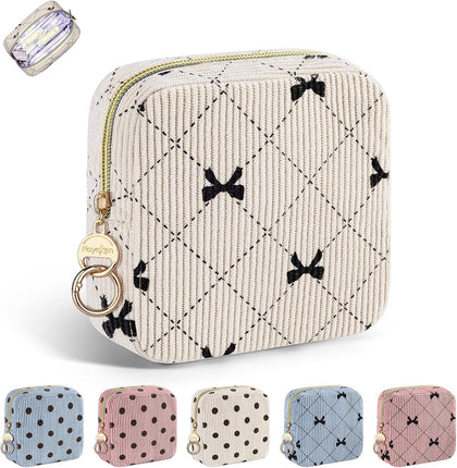 Period Bag for Teen Girls, Corduroy Sanitary Napkin Pouch, B-Beige | Bow Menstrual Pad Pouches Tampon Holder for