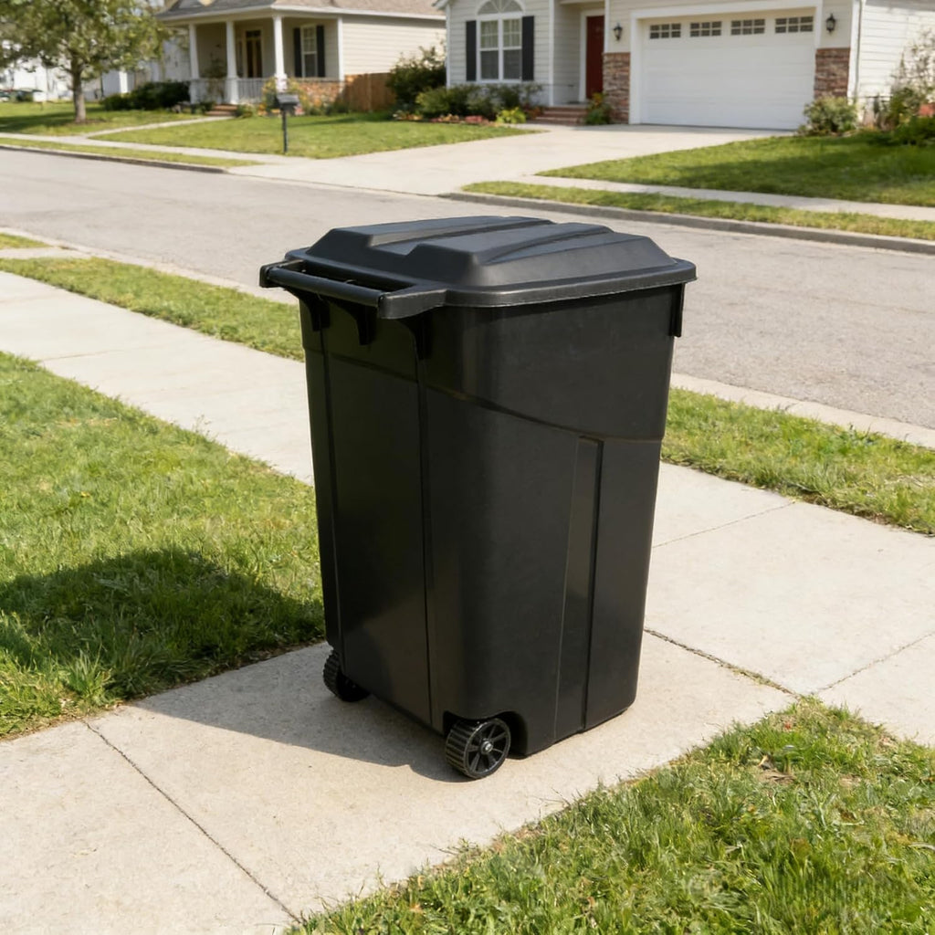 45 Gallon Trash Can with Wheels, Outdoor Trash Can with Lid, Heavy Duty Plastic Garbage Can, Click Lock Lid Design