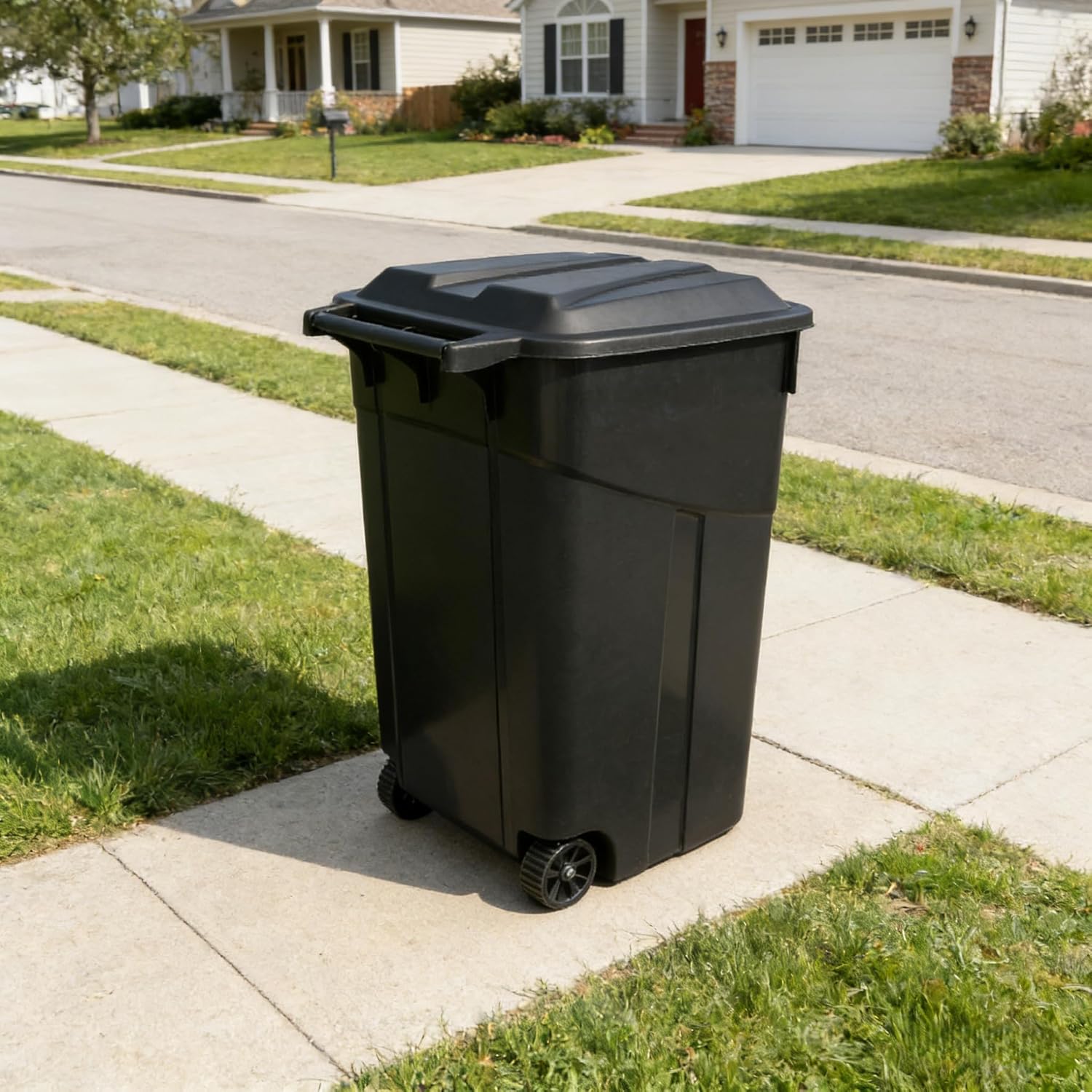 45 Gallon Trash Can with Wheels, Outdoor Trash Can with Lid, Heavy Duty Plastic Garbage Can, Click Lock Lid Design