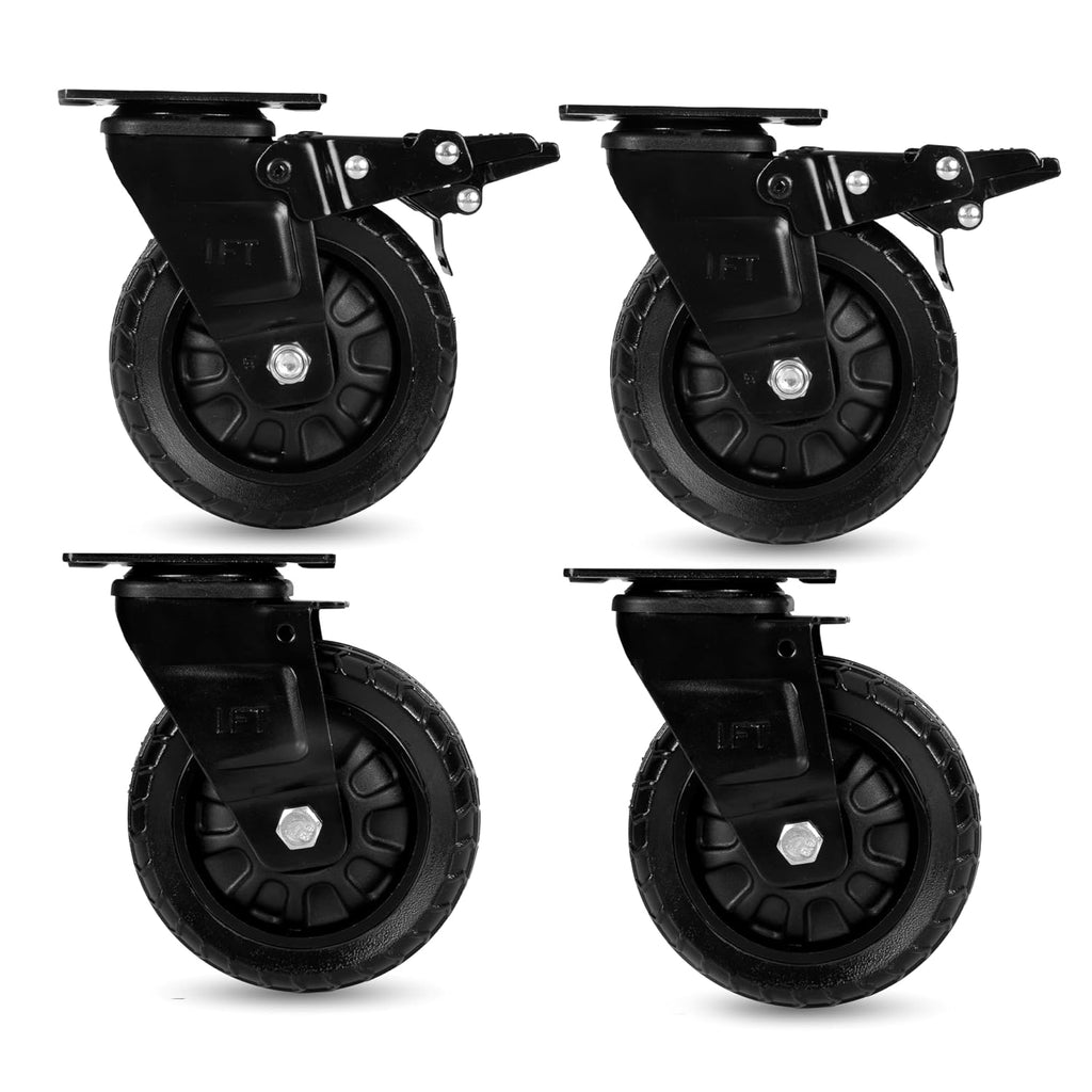 Medium Duty Swivel Knobby Casters, Set of 4-5 Inch | 6 Inch Height, Flat-Free Solid PU Tread, 2 Casters with Brakes