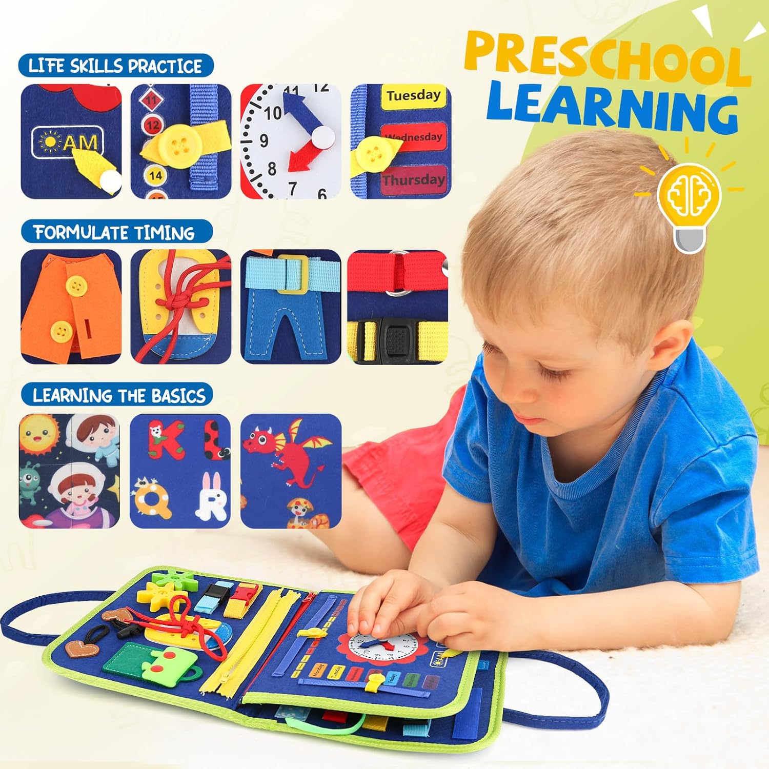 Toddler Busy Board, Montessori Sensory Toys for Boys, 1-4 Year Old Girl Toddler Travel Toys, Educational Learning
