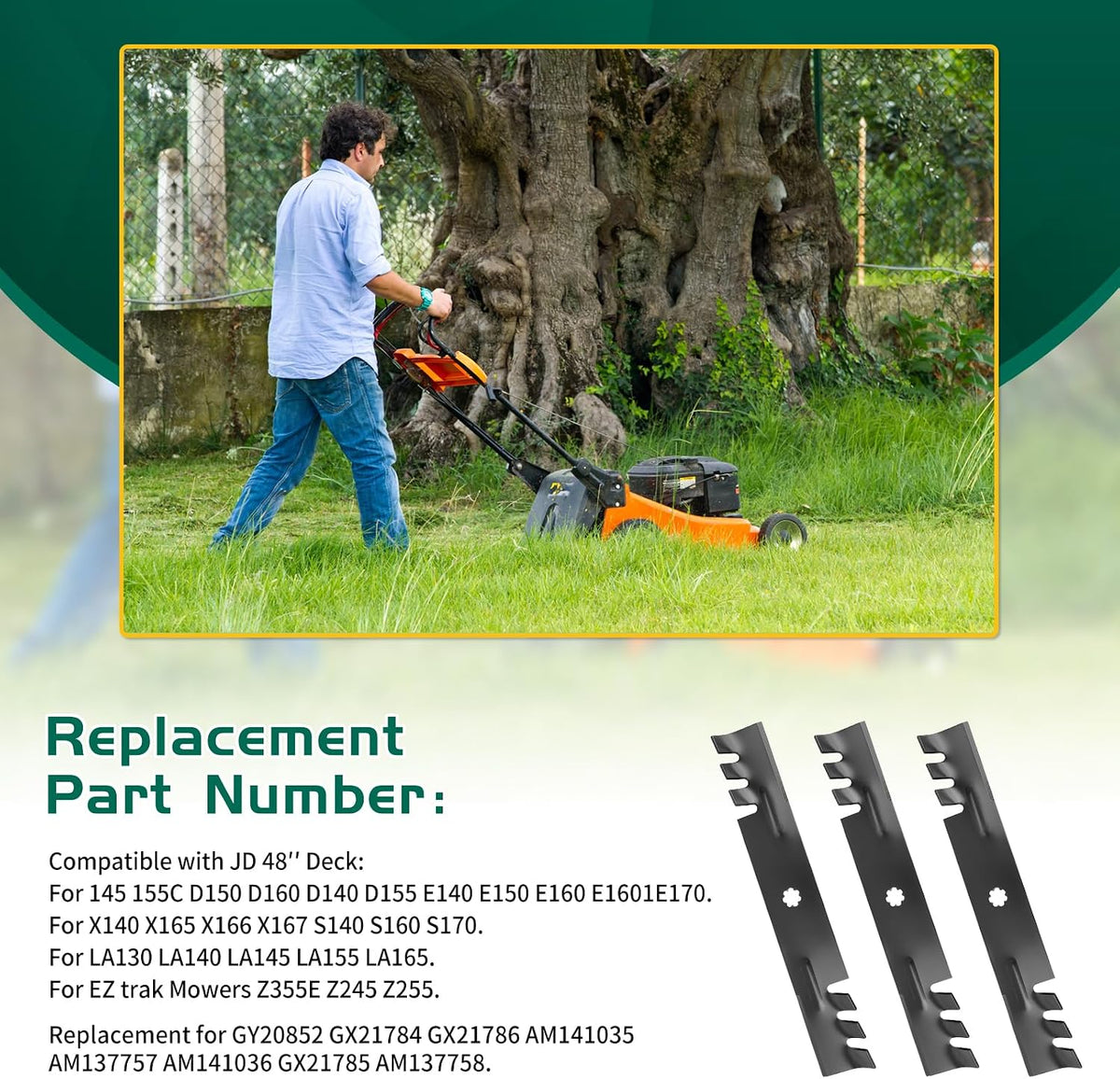 D140 Blades Compatible with John Dee re 48 inch Mower, GY20852 Mower Blades Replaces for GX21784 AM137757 AM141035, E160 E170 D155 E140 LA145 LA130 Z255 Z355E S170, 3 Pack
