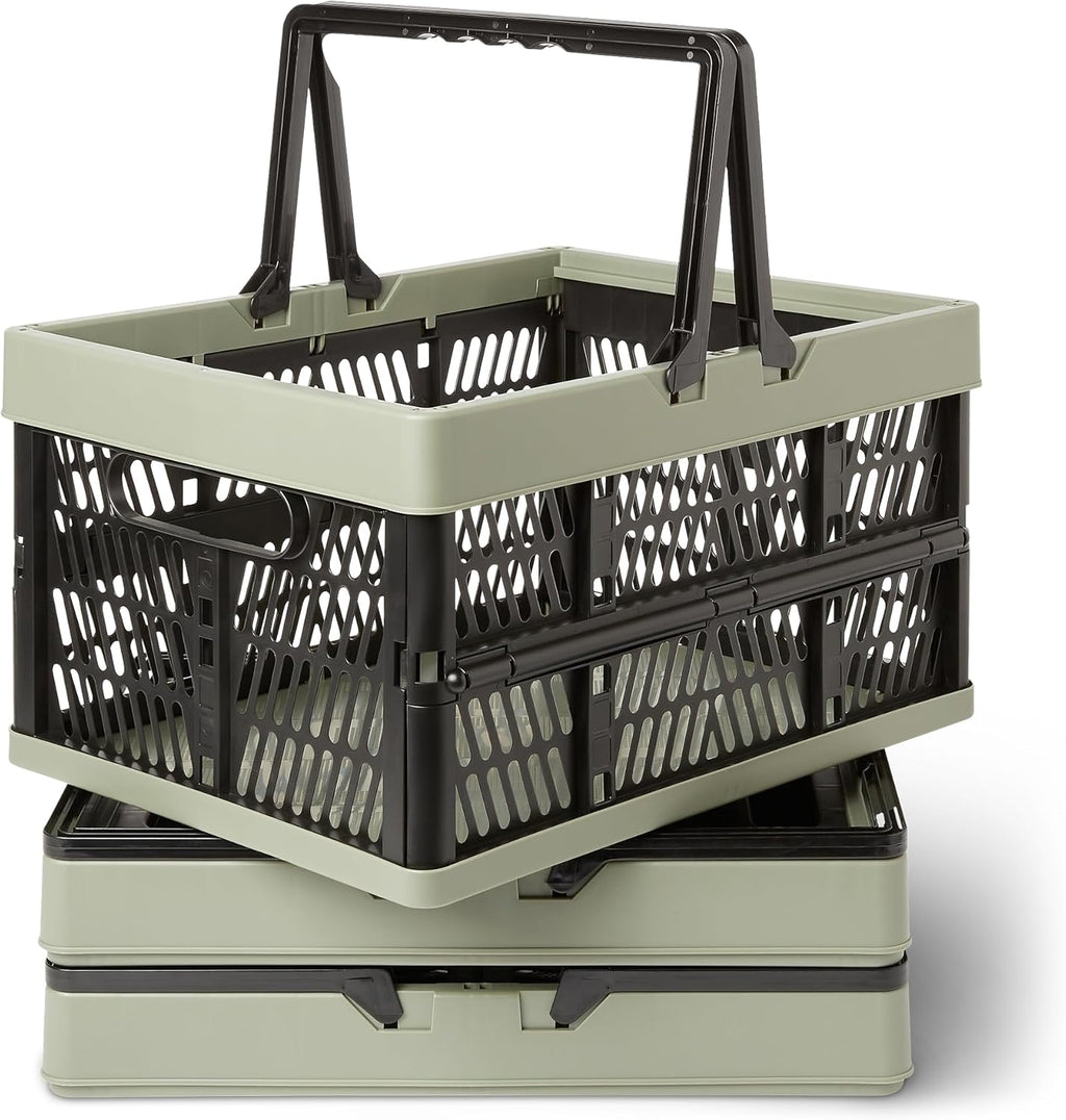 Collapsible Plastic Grocery Shopping Baskets with Ergonomic Handles, Stackable, 6.6 Gallon Capacity, Green, 3 Pack