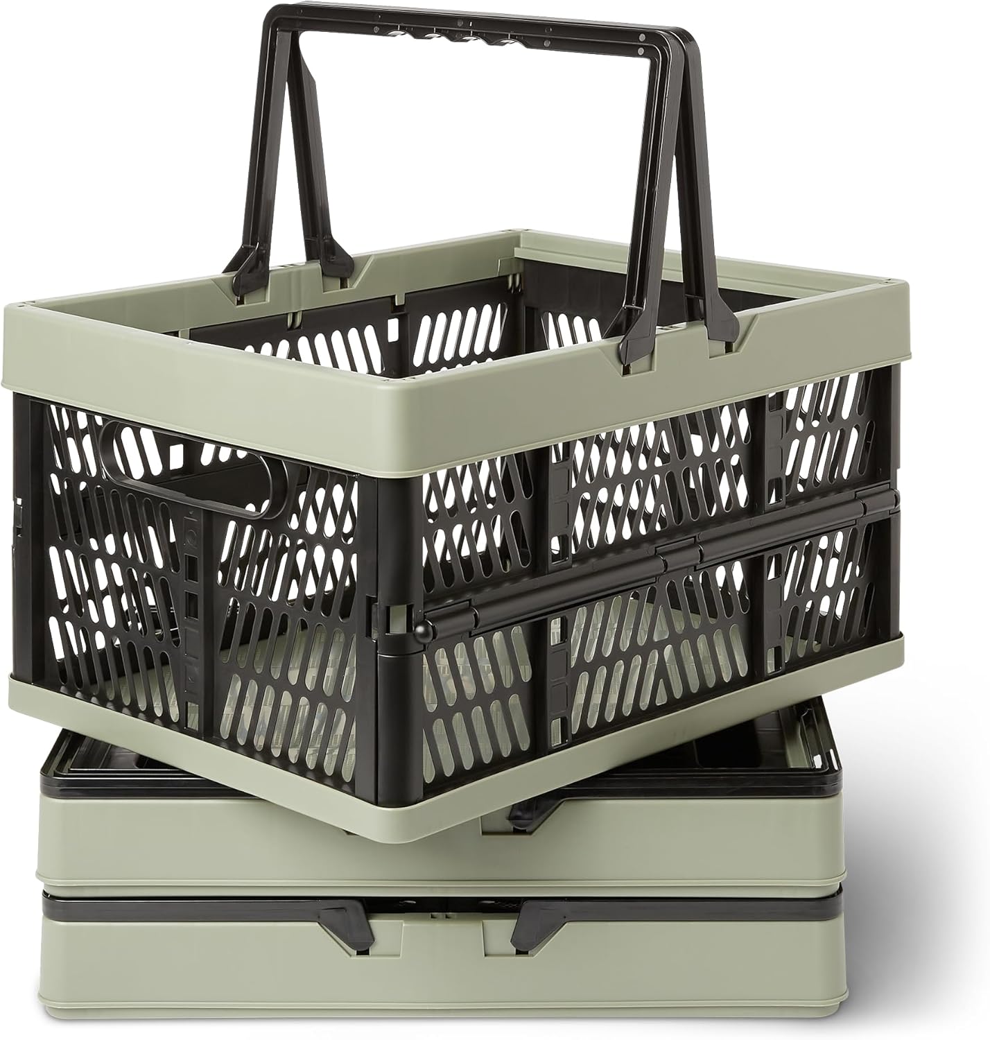 Collapsible Plastic Grocery Shopping Baskets with Ergonomic Handles, Stackable, 6.6 Gallon Capacity, Green, 3 Pack