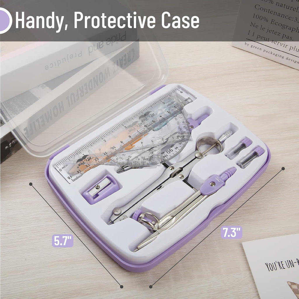 Geometry Set, 13 pcs, 3 Metal Compasses, Protractor, 6" Ruler | 45° & 30°/60° Set Squares, Pencils, Lead Refills