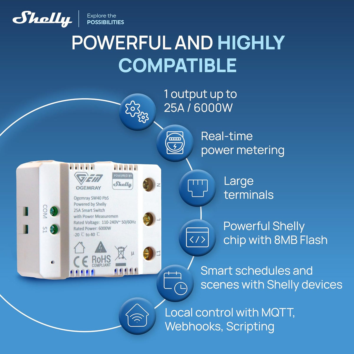 Ogemray Smart Relay Switch, 25A, Power Metering, Wi-Fi & Bluetooth, 6000W