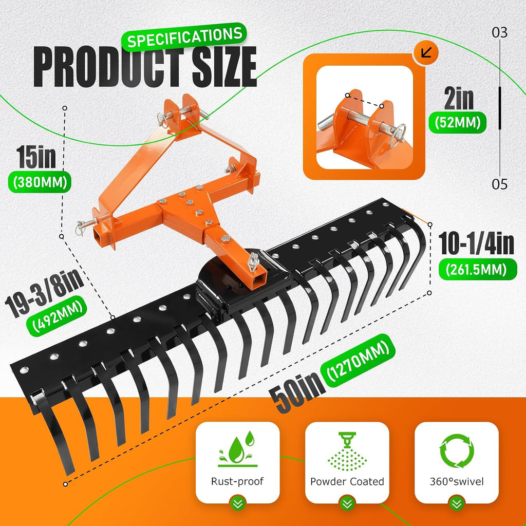 50" 3 Point Landscape Rock Rake for Category-0 Cat-0 Tractor with | 360° Rotation Replaceable Spring Tines and Pin
