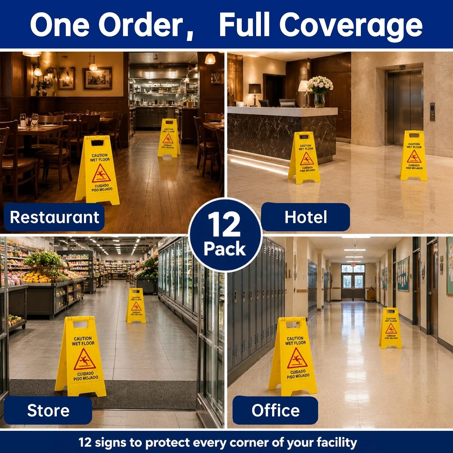 24 Inches Caution Wet Floor Sign - 12 Pack Double Sided, Bilingual Warning Floor Signs for Commercial Use, Foldable