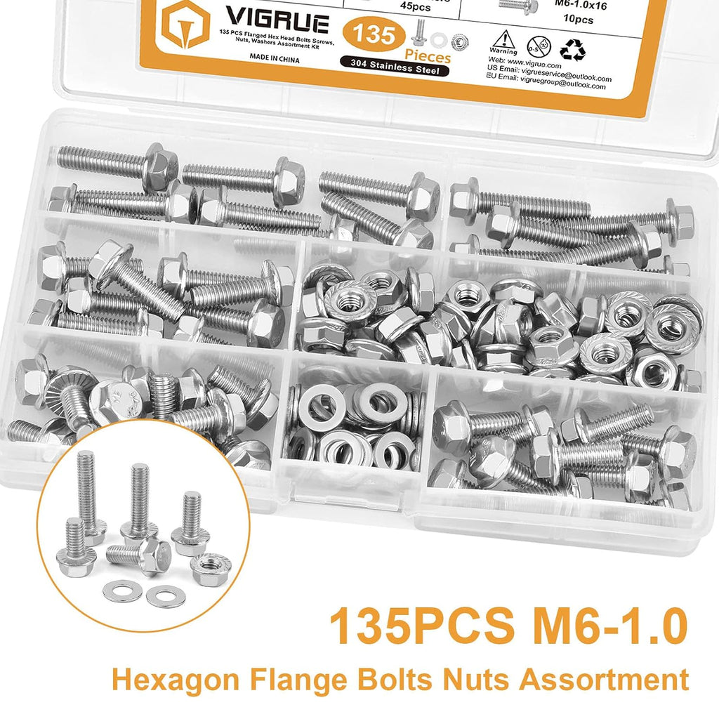 VIGURE 135PCS M6-1.0 Flange Hex Screws Serrated Flange Bolt Nuts Washers