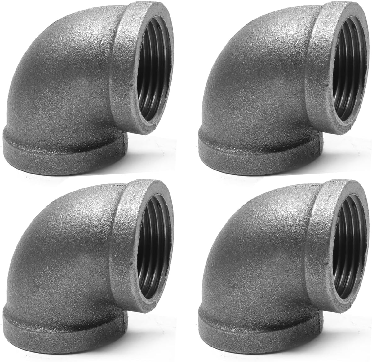 Black Cast Iron 90 Degree Elbow, Female Pipe Fitting, 3/4 Inch Size, for Industrial DIY Furniture & Shelving (4 Pack)