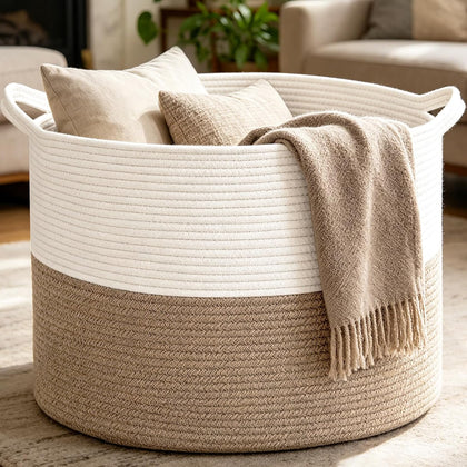 Large Woven Blanket Basket,65L Cotton Rope Laundry Basket Hamper with Handles, Decorative Nursery Basket Storage Bin