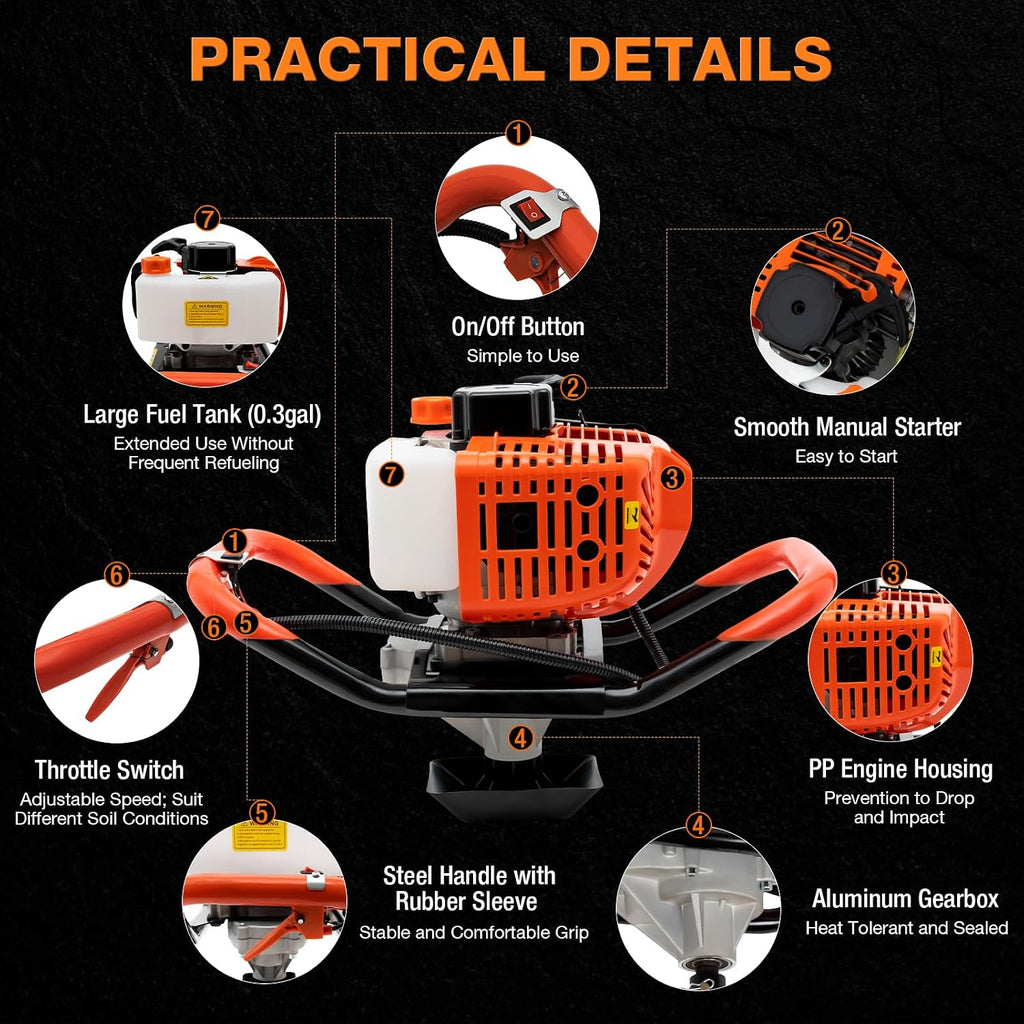 52CC Gas Powered Post Hole Digger, 2.3HP 2-Stroke Earth Auger with 3 Auger Bits (4", 6", 8") and Extension Rod