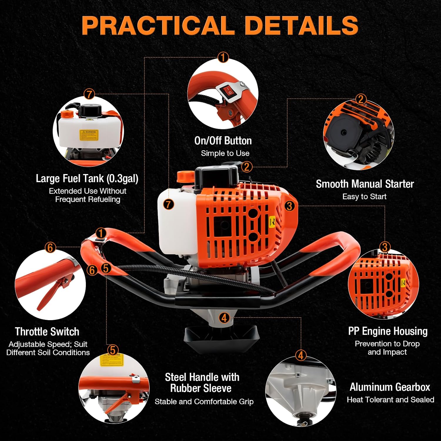 52CC Gas Powered Post Hole Digger, 2.3HP 2-Stroke Earth Auger with 3 Auger Bits (4", 6", 8") and Extension Rod