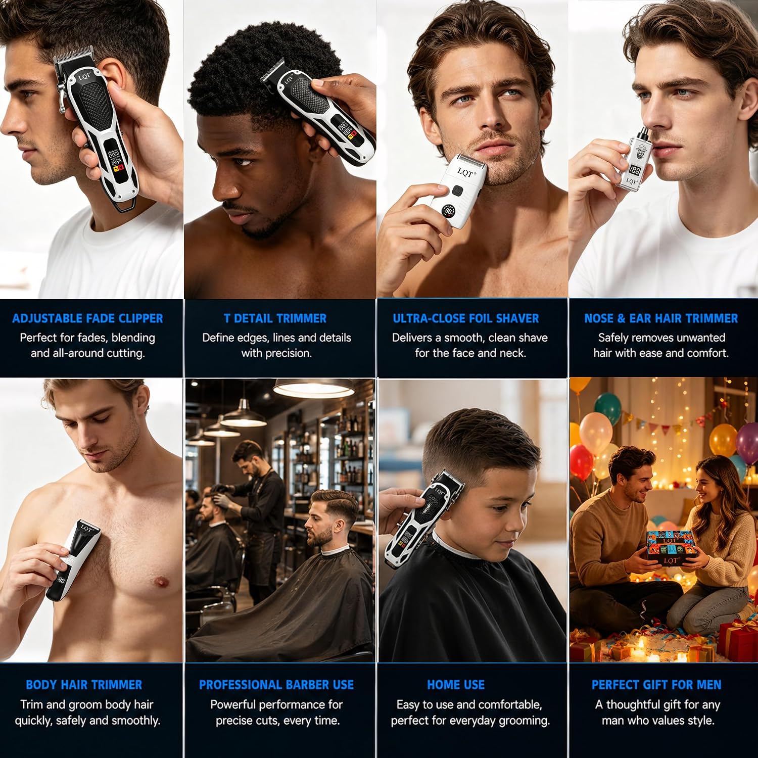 5-in-1 Hair Clippers for Men & Body Groomers White LED Display Cordless Clippers Set Beard Trimmer for Men Foil