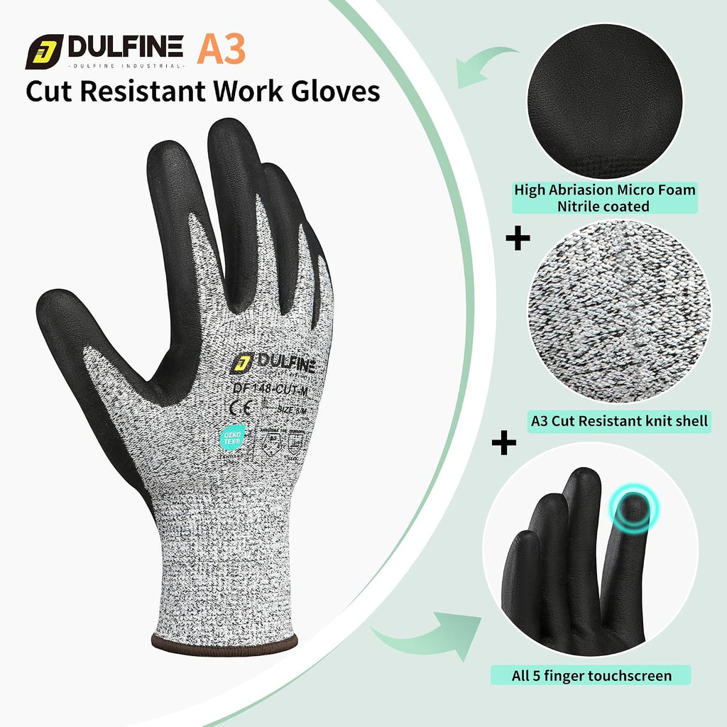 A3/A4/A9 Cut Resistant Work Gloves for Men Women,Touchscreen Foam Nitrile Coated,Ideal for Glass Cutting Wood Carving