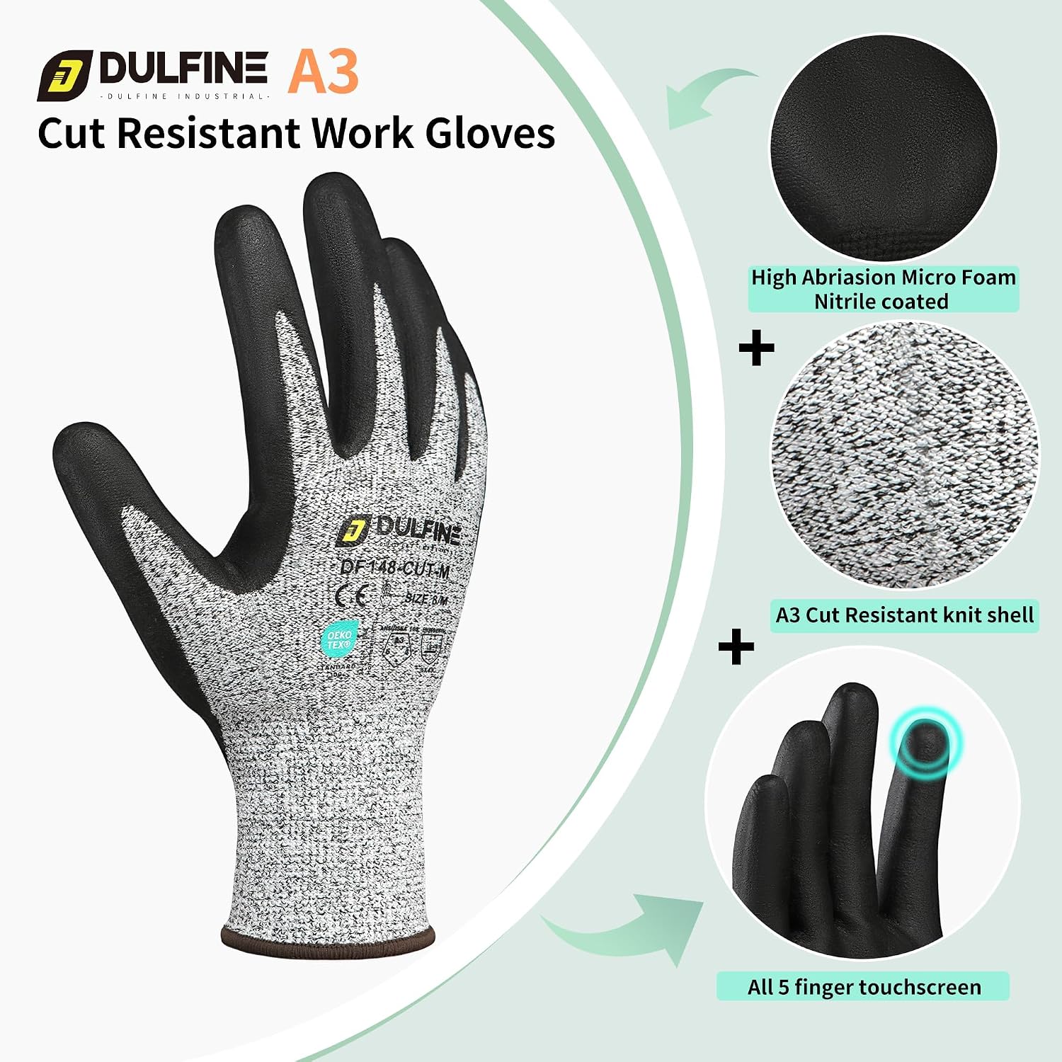 A3/A4/A9 Cut Resistant Work Gloves for Men Women,Touchscreen Foam Nitrile Coated,Ideal for Glass Cutting Wood Carving