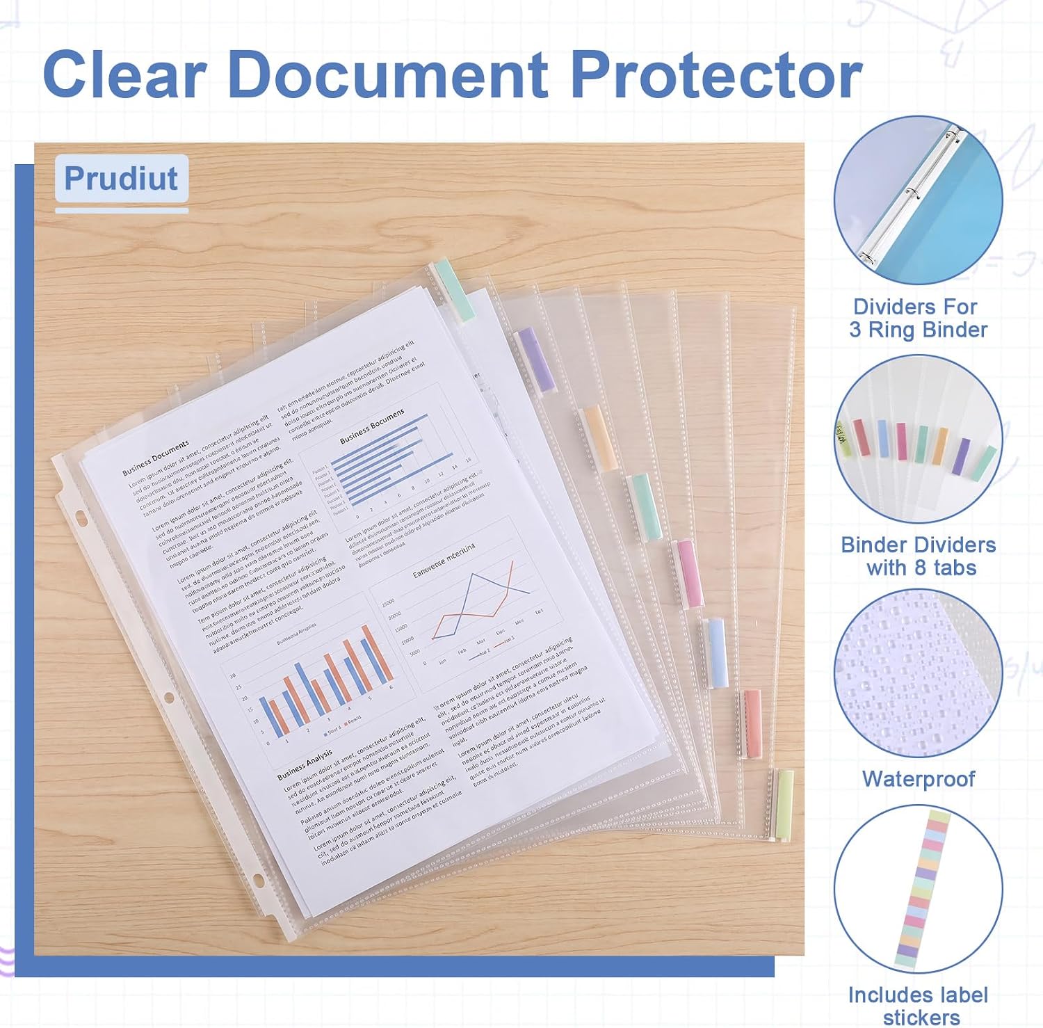 10 Sets 80Pcs Clear Sheet Protector Sleeves, Plastic 3 Ring Binder Dividers | 8.5 x 11 Inch Binder Sleeves with 8 Tab