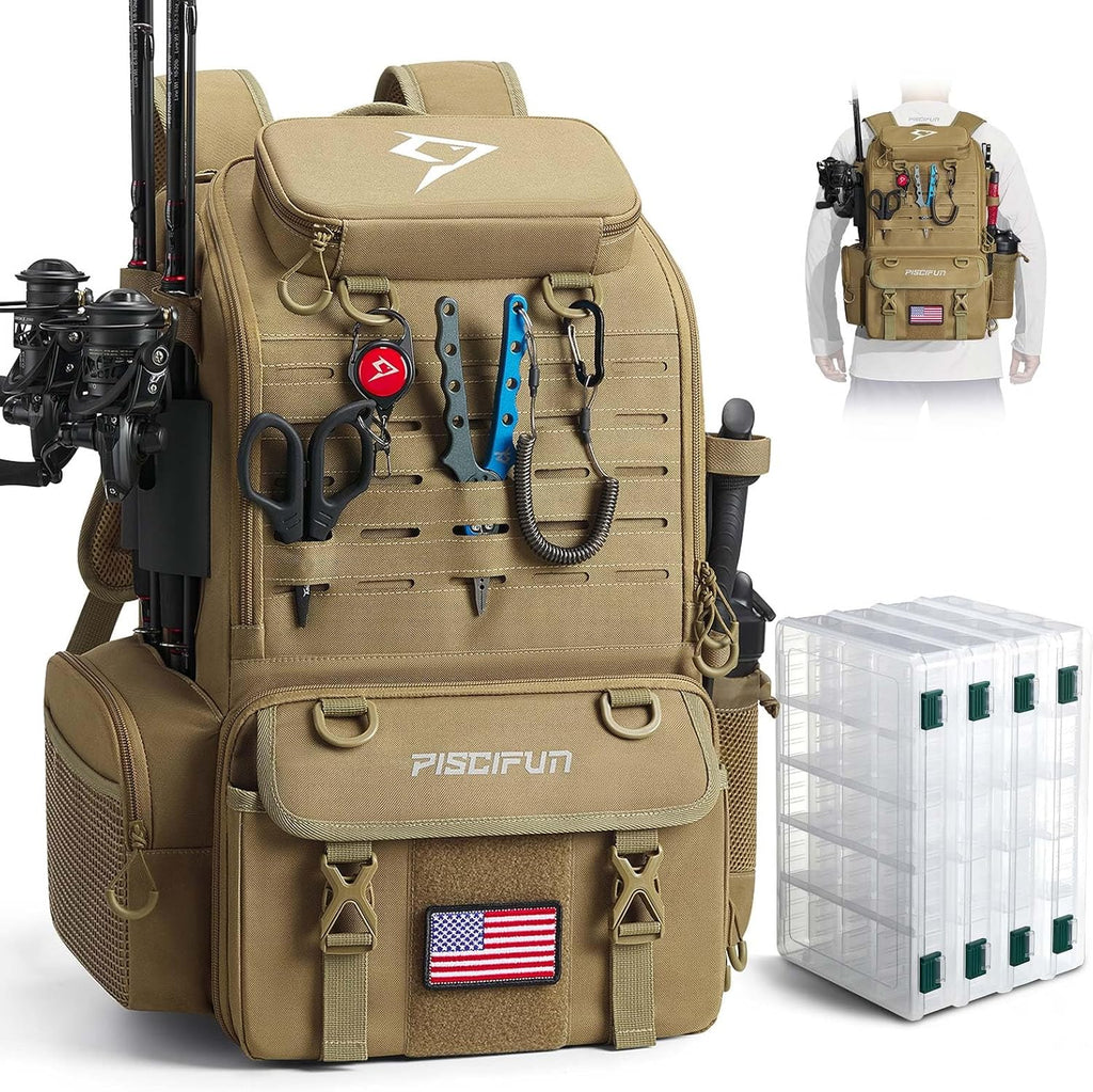 52L Fishing Tackle Backpack with Rod Holders & 4 Tackle Boxes, Large Tackle Bag for Gear Storage with Rain Cover