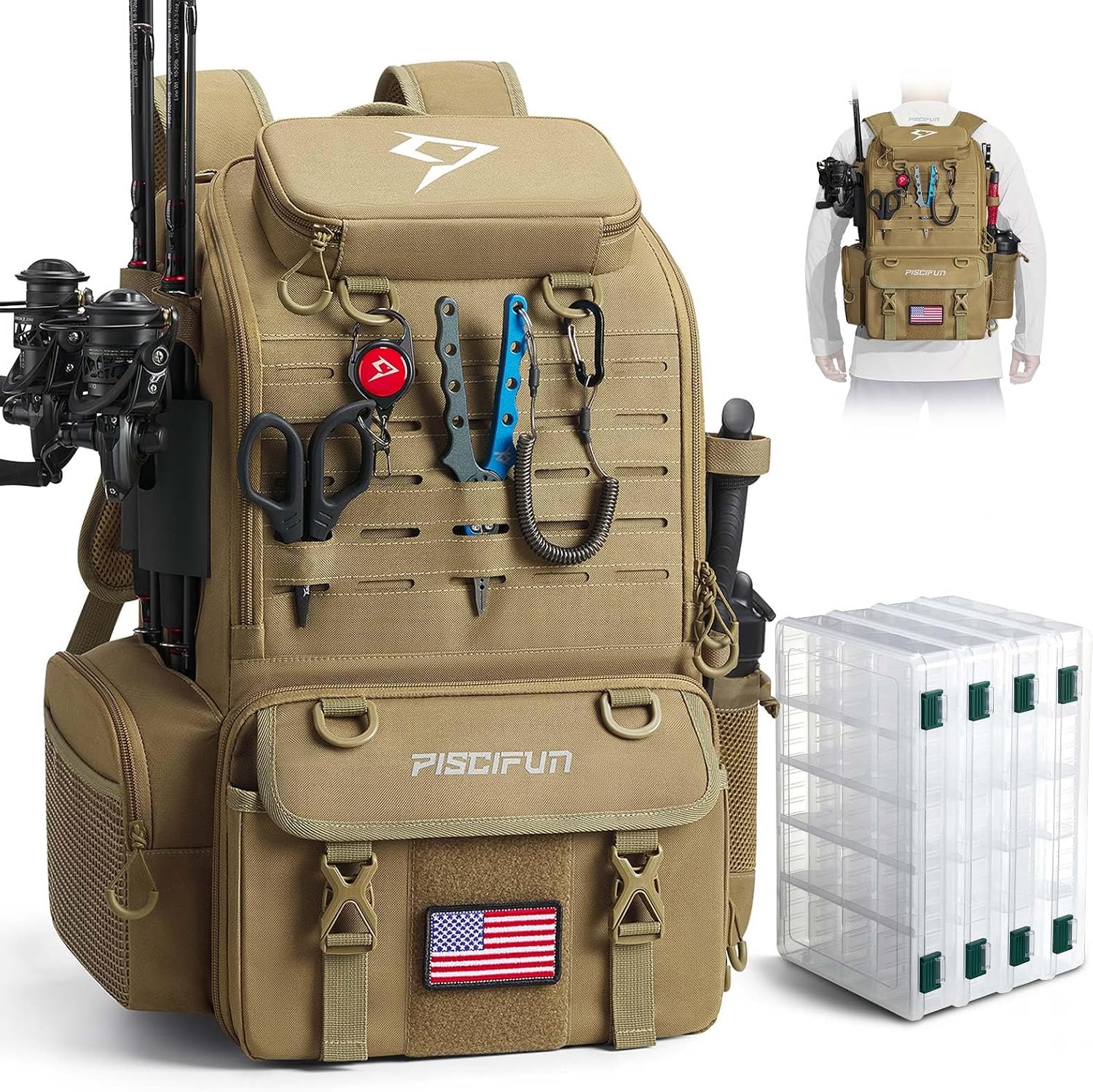 52L Fishing Tackle Backpack with Rod Holders & 4 Tackle Boxes, Large Tackle Bag for Gear Storage with Rain Cover