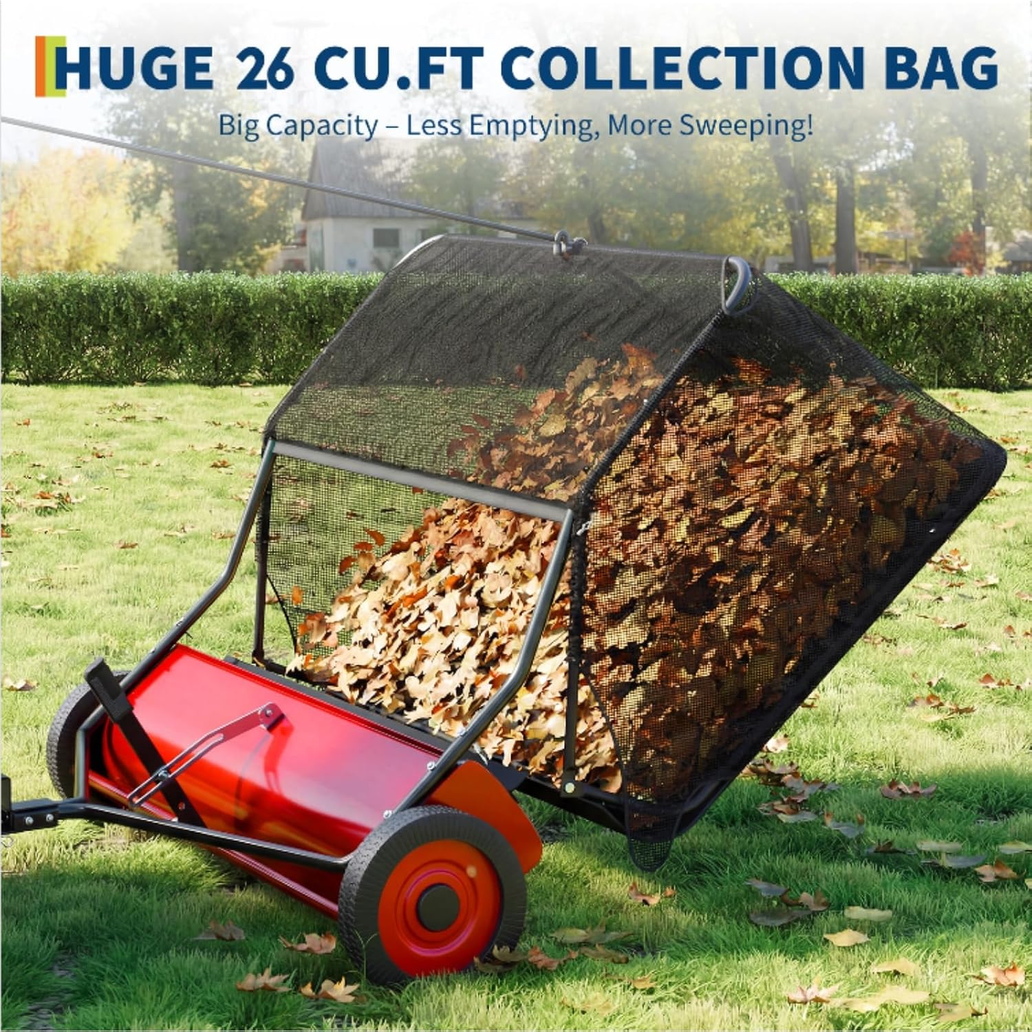 50" Lawn Sweeper Tow Behind,26 Cu ft Hopper Leaf & Grass Collector