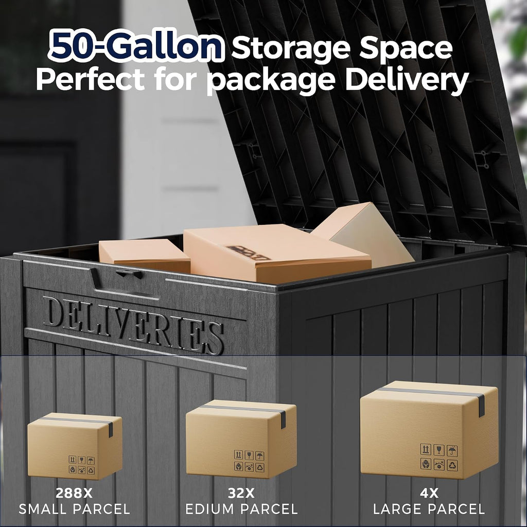 50-Gallon Package Delivery Boxes for Outside, Resin Storage Chest with Sign & Lockable Secure, Waterproof Package