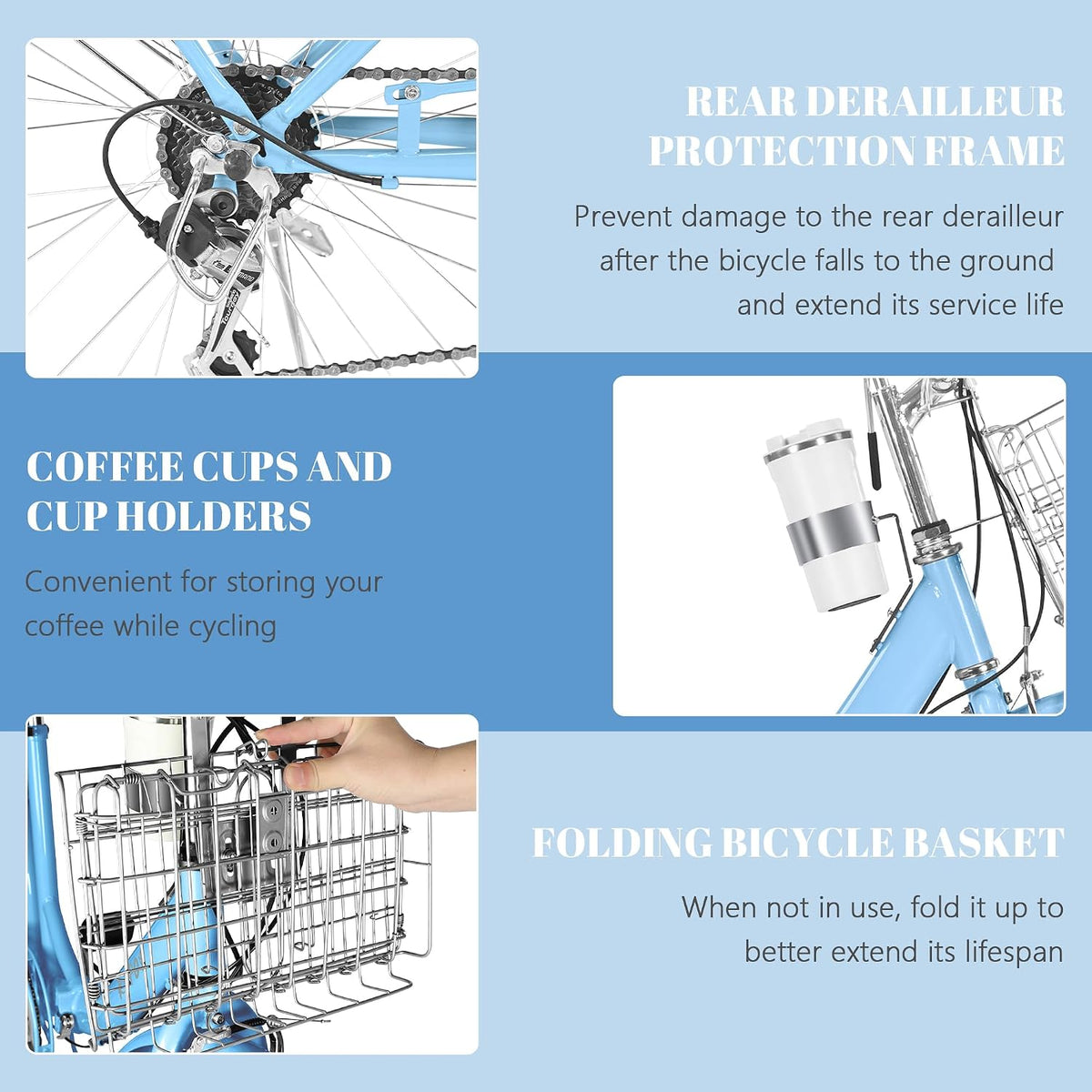 24/26 Inch Foldable Beach Cruiser Bike for Womens, 7 Speed Womens Bike with Basket and Coffee Cup, Commuting Bicycles