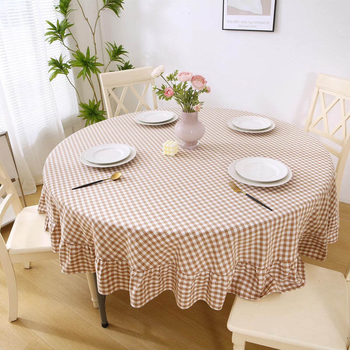 Taupe White Gingham Tablecloth Round Dia.90”