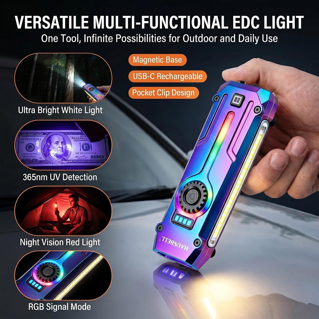 Flat EDC Rechargeable Tactical Flashlight, UV Magnetic LED Small Work light | HAUSBELL 1800 Lumens Pocket Stepless