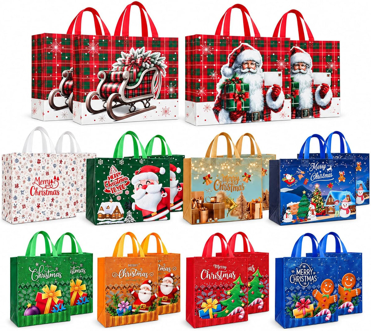 20 Pack Christmas Gift Bags Assorted Sizes with Handles, Non-Woven