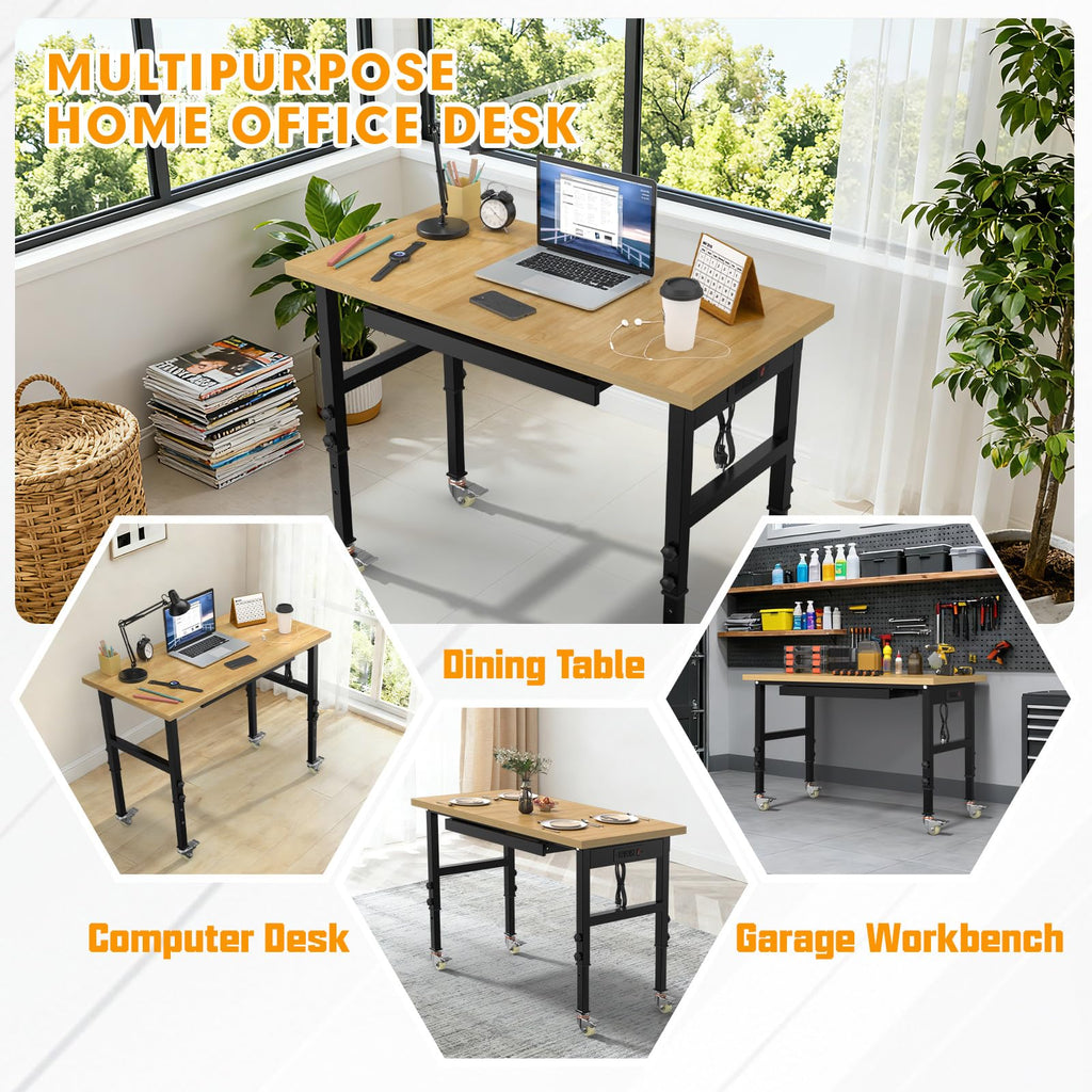 48" Adjustable Workbench,Heavy-Duty Work Table,3000 LBS Load Capacity Particleboard Hardwood Workstation Outlets with