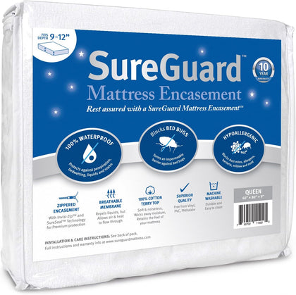 Queen (9-12" Deep) Zippered Mattress Protector Encasement | Six-Sided Waterproof, Bed Bug Proof, Hypoallergenic Dust